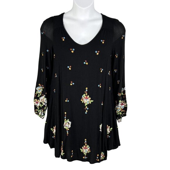 Free People Womens S Boho Floral Embroidered Oxford Black Mini Swing Dress - Picture 2 of 16